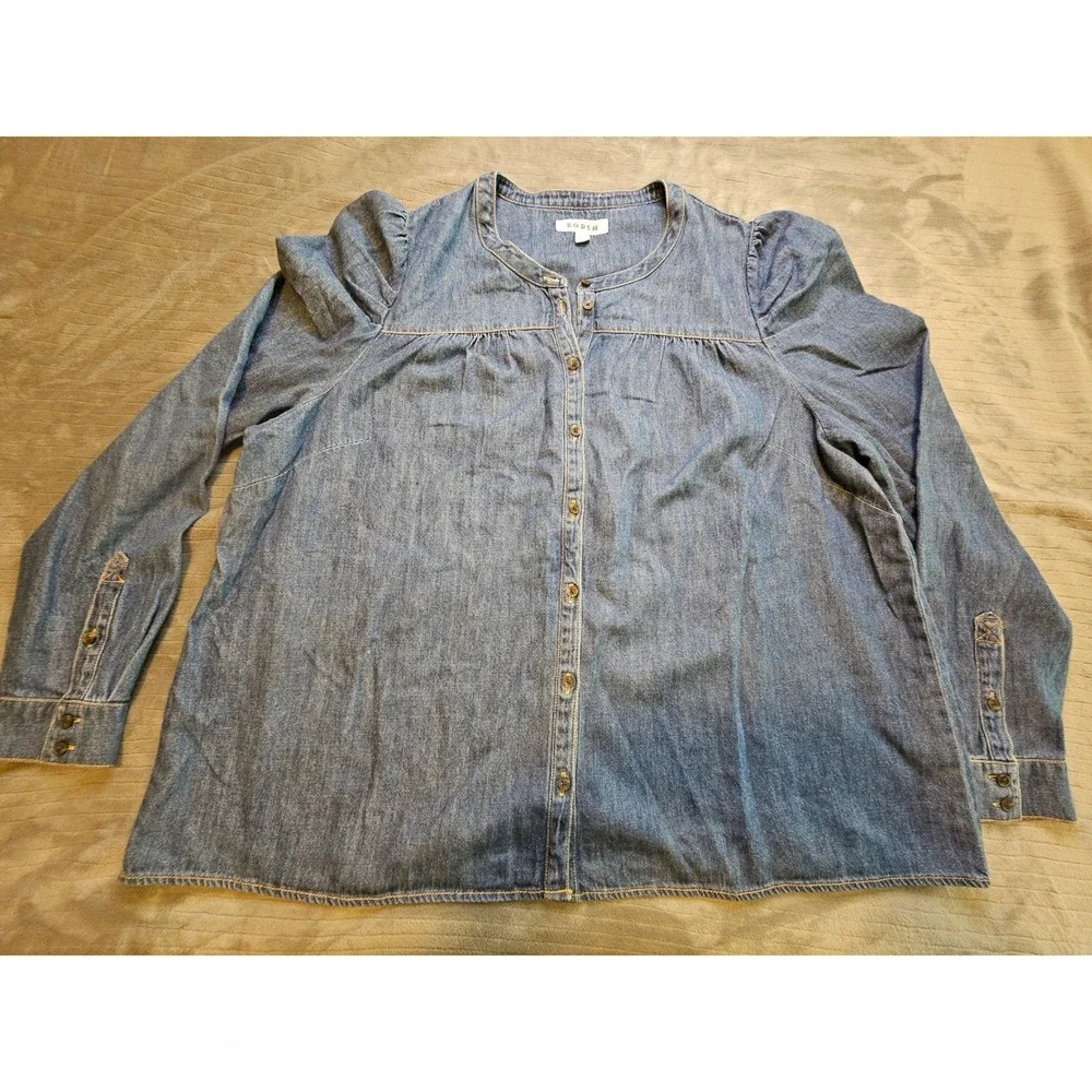 Boden Denim Blouse Medium Wash Puff Shoulder Button Front Top US 20-22